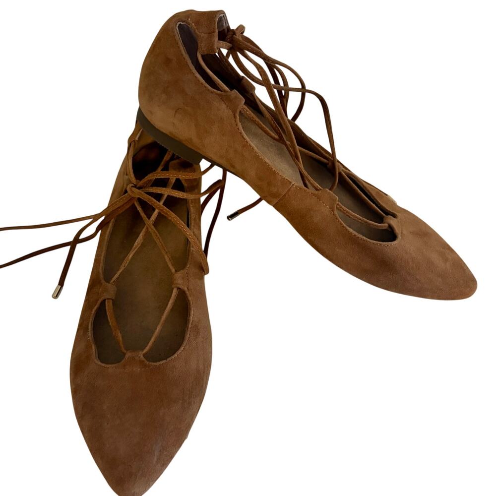Vionic Gem Lucinda Tan Suede Leather Lace Up Ballet Flats Pointed Toe Orthotic